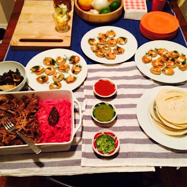 Holiday brisket tacos with pickled onions, buckwheat blinis with smoked salmon and creme fraiche....