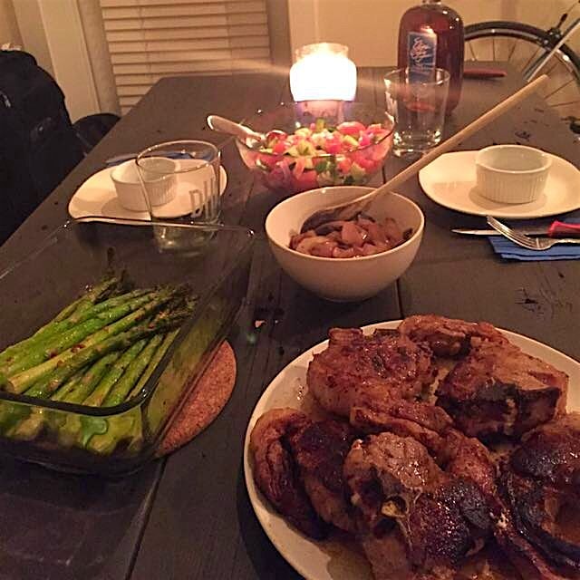 Chanukah Dinner! Pan seared lamb chops with Israeli salad, asparagus, and onions. 