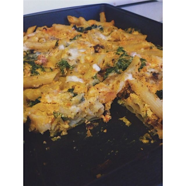 Mashed butternut squash mixed in with ricotta, rosemary, sautéed kale and a splash of cream creat...