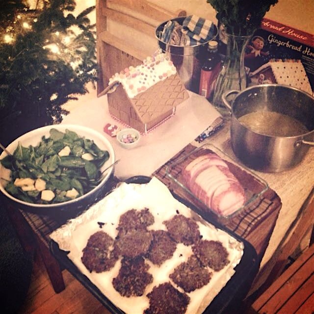 Homemade Christmas: cured ham, latkas, celery soup, spinach salad- yumm 