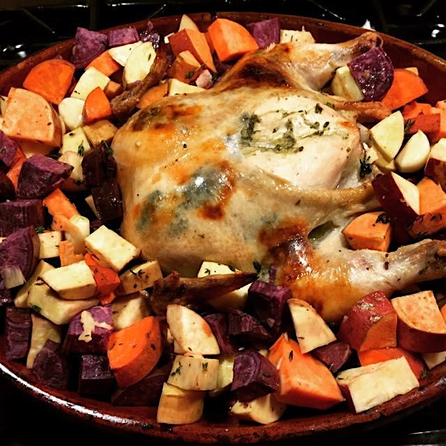 Roast chicken and sweet potatoes for Christmas dinner.