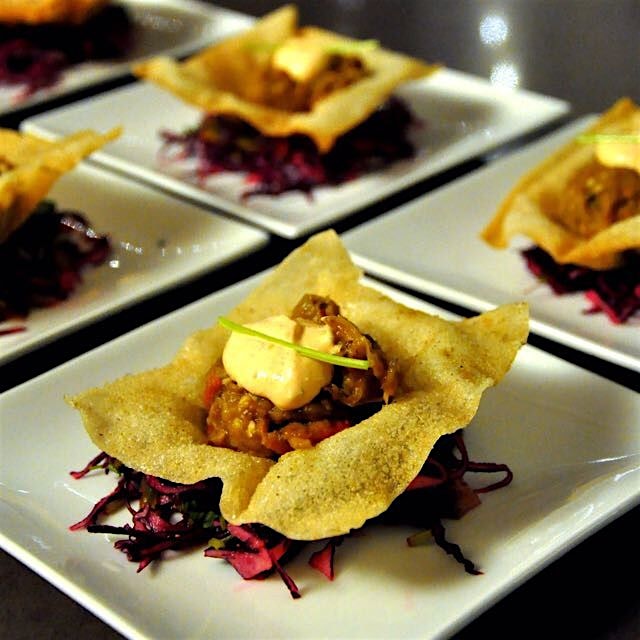 One of my favs from the 29. Kitchen in 2014! Smoked eggplant chutney, crisp wonton shell & red ca...