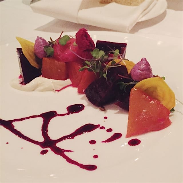 A beautiful beet salad with beet meringues and a Meyer lemon yogurt sauce at Aria Atlanta. 