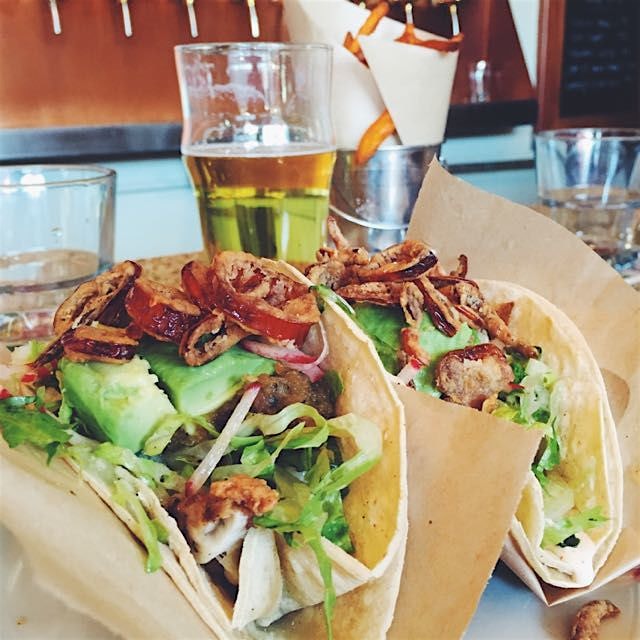 Wild caught Oregon rock cod tacos. Goes great with Trumer pils, brewed in Berkeley, CA.