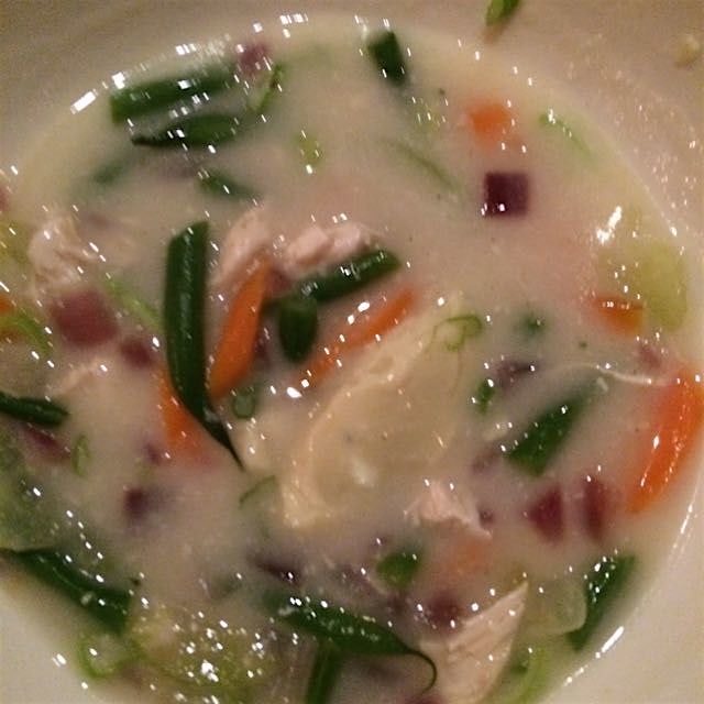 Chicken and Dumplings with carrots and green beans.