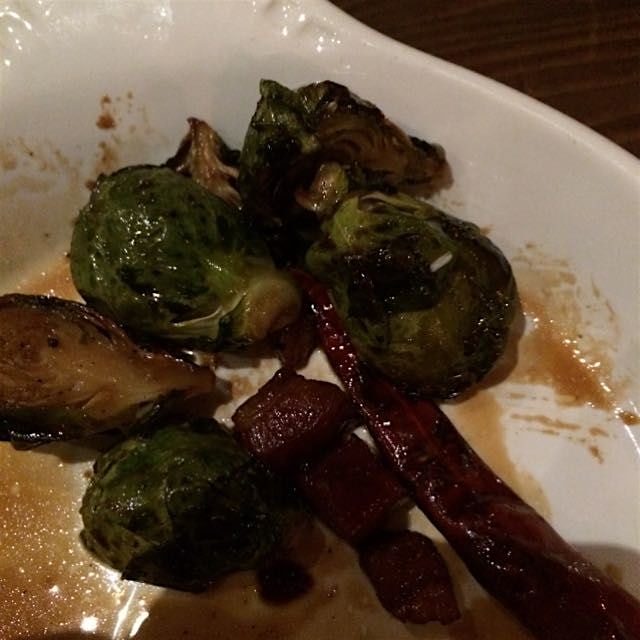 Brussels sprouts and bacon on our last night in SF. 