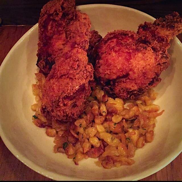 Scary good fried chicken with honey spaetzle