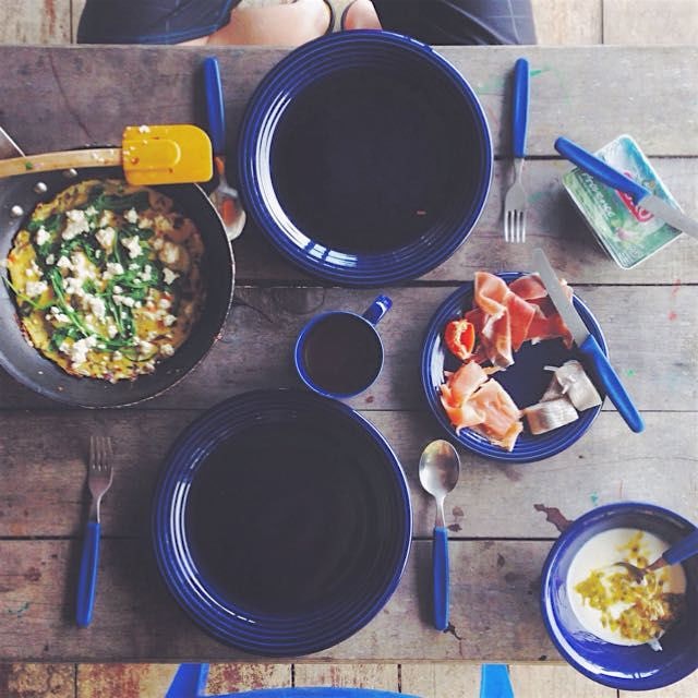 Homemade frittata with herbs from the jungle around our Airbnb 