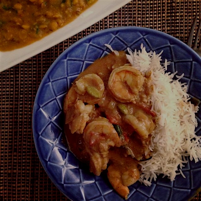 Indian coastal shrimp curry with tamarind, and takra dal on the side 