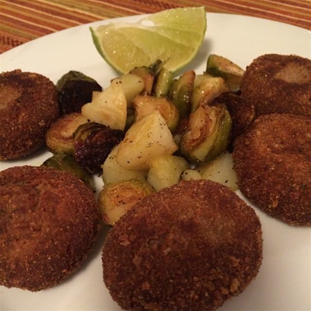 My fried meatballs surrounded by oven cooked brussel sprouts and red potatoes