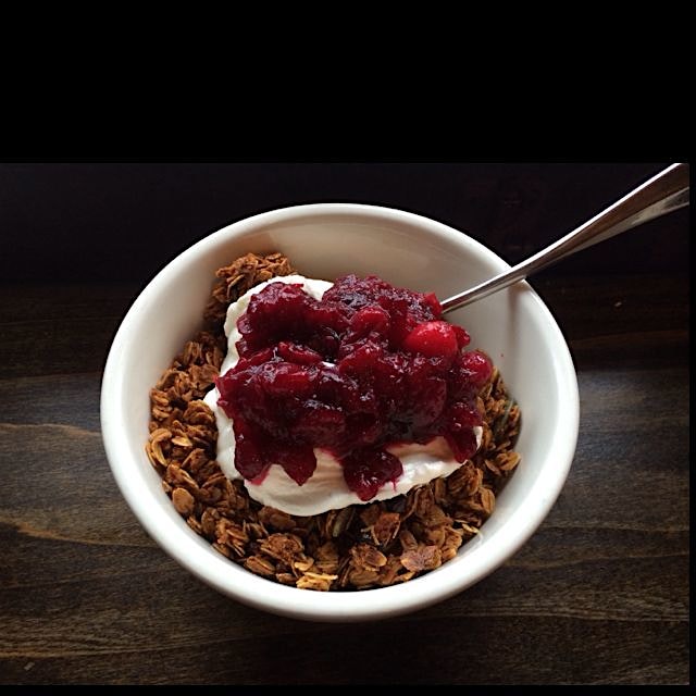 Beautiful blueberry granola and yogurt with cranberry compote at Bluebird Coffee