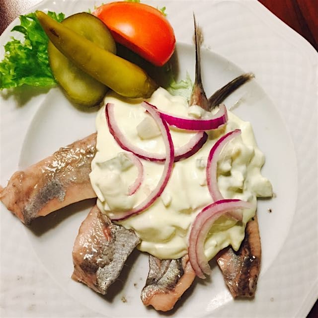 When in Hamburg, try the local fish : pickled Matjesfillet with apple cream sauce