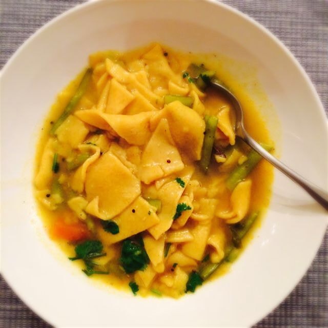 Daal dhokli with guar beans - a typical Indian legume that I have yet to find at the markets. 