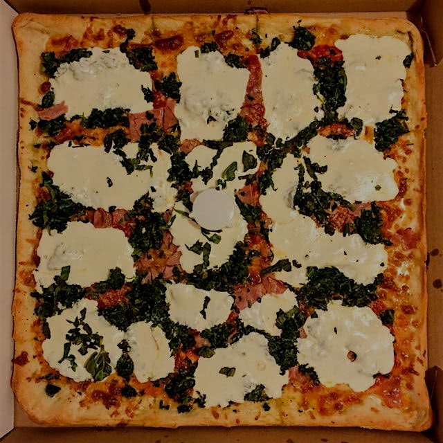 Thin crust square pizza made my way. 
Mmmmmmmmm...