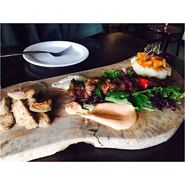 Tapas plates. Avocado fries, beef skewers,& mashes potatoes topped with chicken& veggies! 