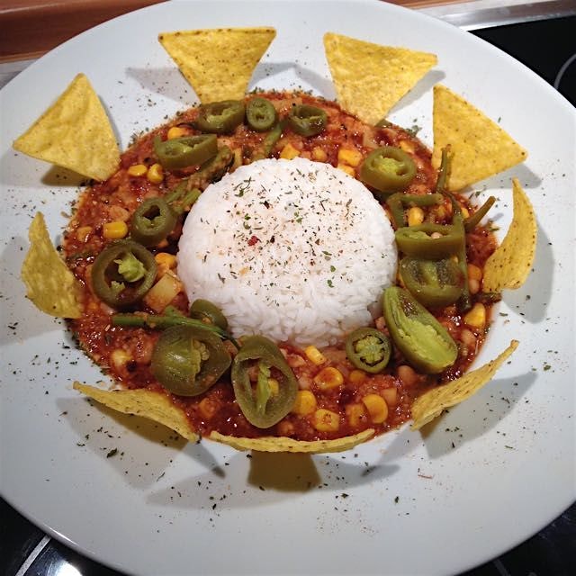 High carb no fat vegan Chili sin Carne with delicious rice and tortilla chips 