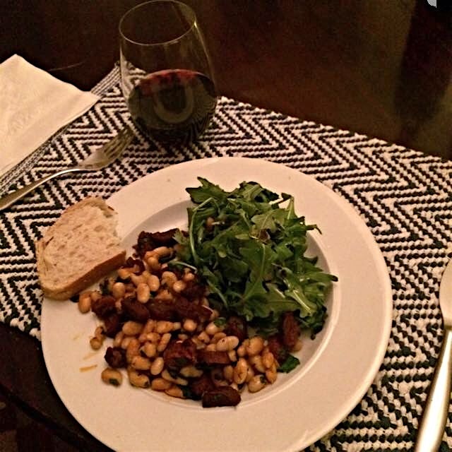 Northern beans with Spanish chorizo and crusty bread.  With arugula and fancy Rioja. 
