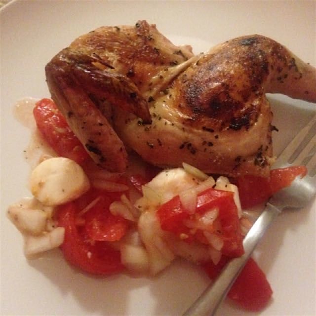 Cornish hen with a tomato and mozzarella vinaigrette salad. 