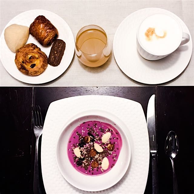 My breakfast in Italy: blueberries yogurt with sesame seeds, almonds, hazelnut and dried grapes. ...