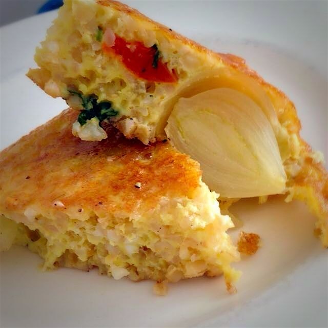 Short grain brown rice and pearl onion egg pie. 