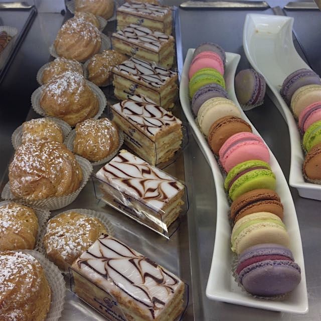 Macaroons and chocolate pastries. 