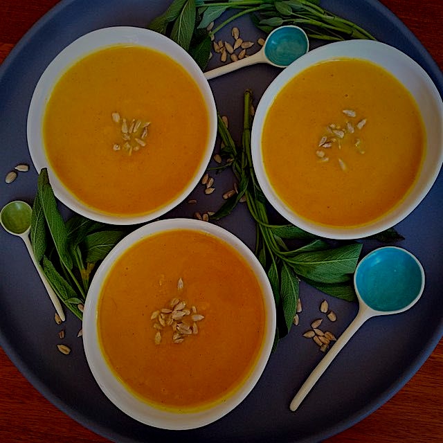 Butternut Squash with Fresh Sage Soup for lunch today! I topped it with sunflower seeds!
