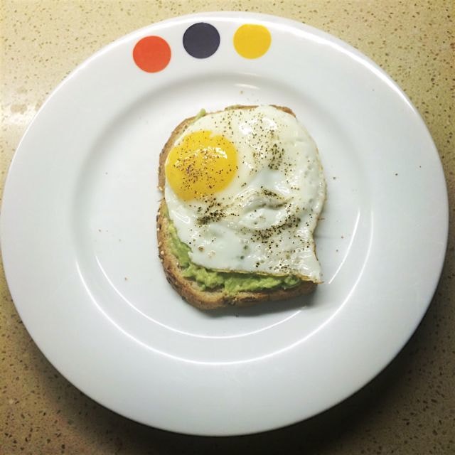 Perfect and easy breakfast. Grain bread, topped with an avocado and tomatillo mash and a dippy eg...