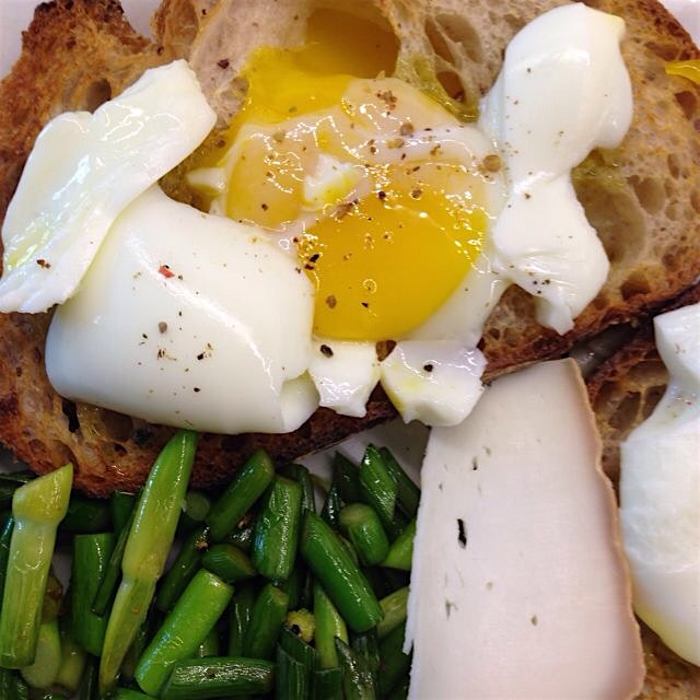Garlic scapes and soft egg for Saturday lunch 