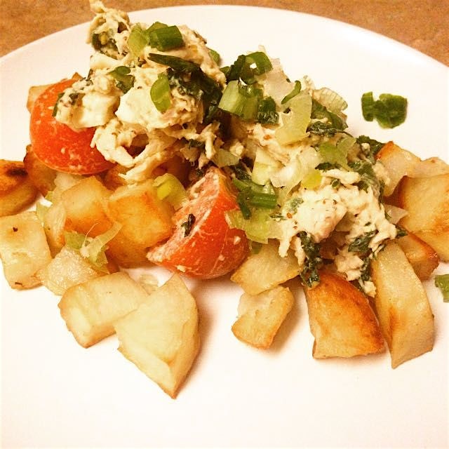 My deconstructed potato salad; spicy chicken Caesar spread with egg and cherry tomatoes over bake...