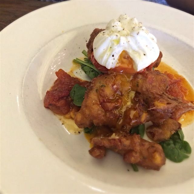 Corn fritters with a lovely tomato relish...my sisters dish but I had to taste test #CosICan #Foo...