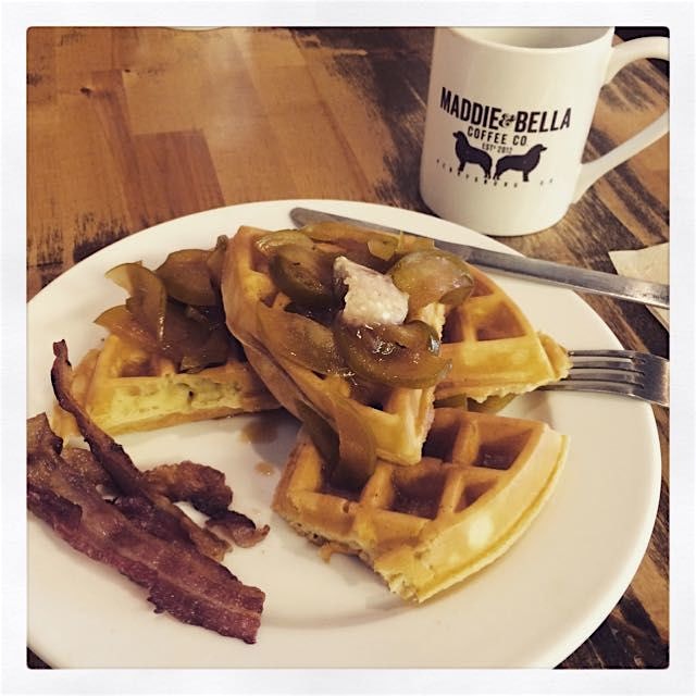 Breakfast at Fowl & Fodder in Toledo, Ohio. Waffle with carmelized apples, cider sauce and bacon