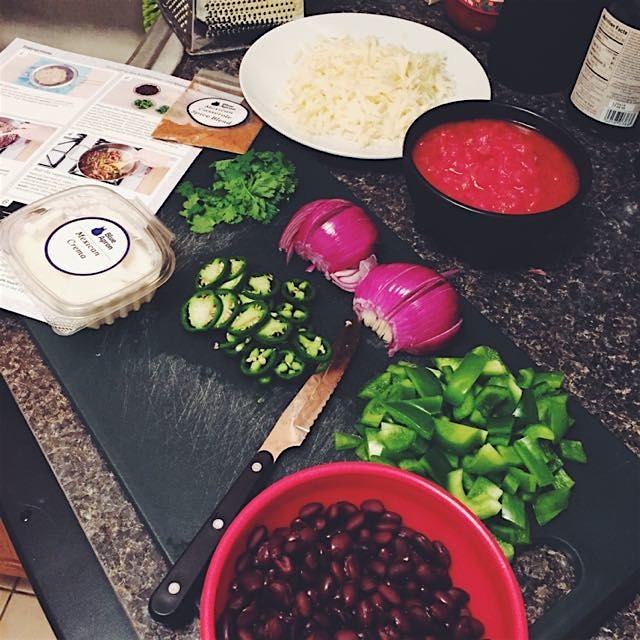 Cooking at home on a cold night in NYC: my mise en place for a Mexican quinoa and black bean cass...
