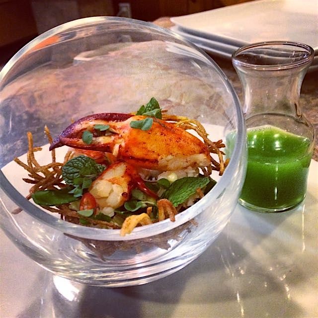 Poached lobster, corn, snap peas, mint, Fresno chili, potato, pea broth 