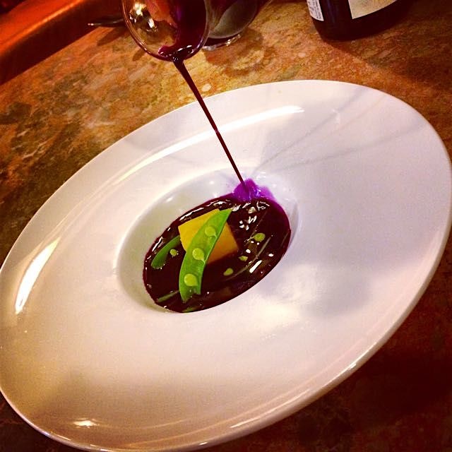 Purple cabbage gazpacho, snap peas, beats, snow peas 