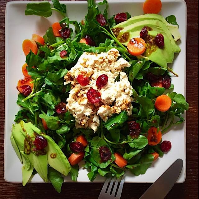 Tuna salad, water cress, avocado, carrots and cranberries with balsamic vinaigrette.
