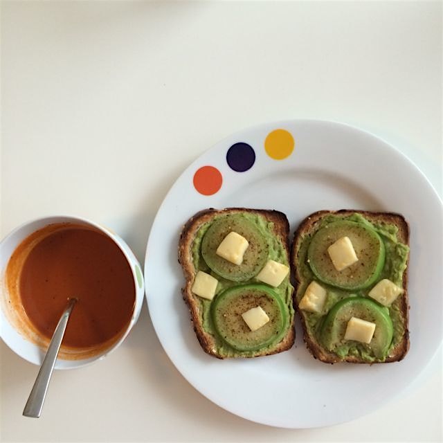 Avocado toast with tomatillo and Parmesan. And tomato soup! 