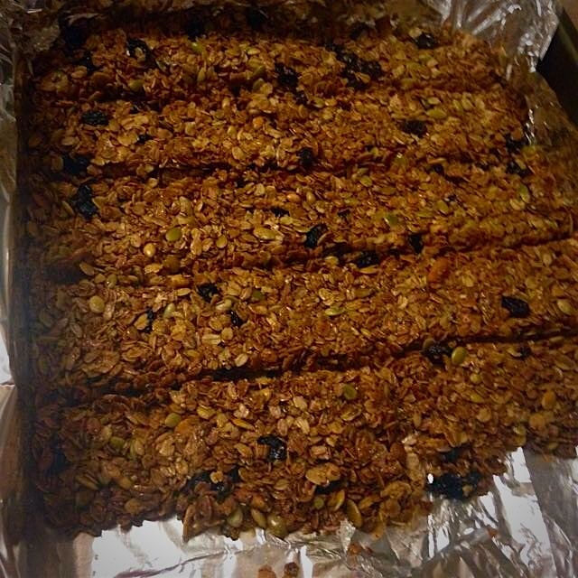Just pulled this beautiful tray out of the oven; oatmeal raisin granola bars. I added some flaxse...