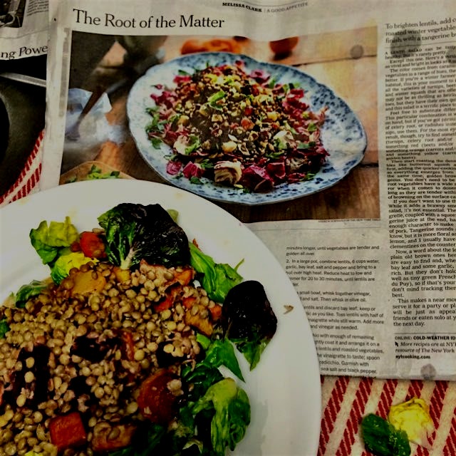 Roasted root veggie lentil salad.  Recipe courtesy of Melissa Clark. NY Times. 