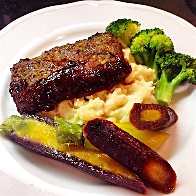 Bison meatloaf. Sneak in puréed veggies (onion red pepper celery carrot garlic) Maple syrup, cumi...