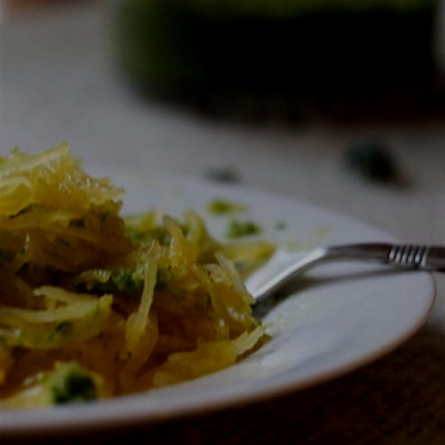 Spaghetti Squash with Kale Pesto! Easy and delish. http://bit.ly/1xguJpk