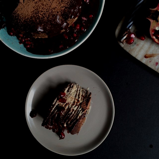 For Aquarius season!Chocolate Buckwheat Crepe Cake with Peanut butter creme and Pomegranates (glu...