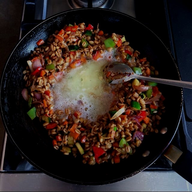 Farro veg fried 'rice' with egg white scramble - in the making...