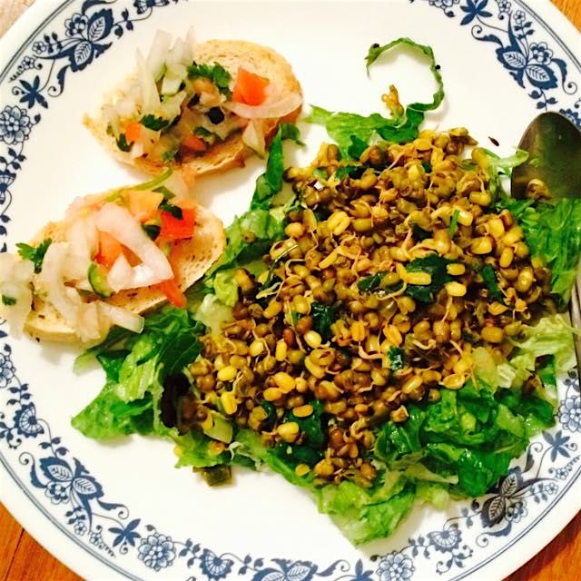 Snow day dinner on the fobbiest plates ever. Sprouted mung means and bruschetta. 