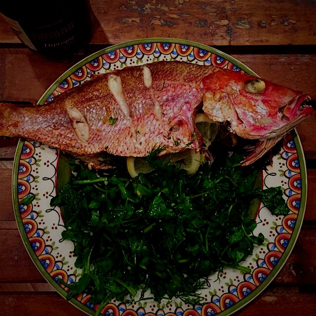 Roasted snapper with watercress salad