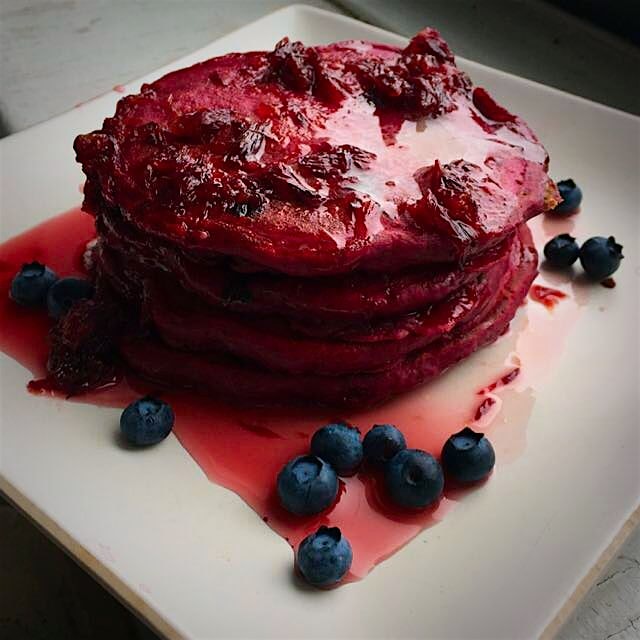 "Red Vevet" Pancakes with blueberries and blood orange syrup. 