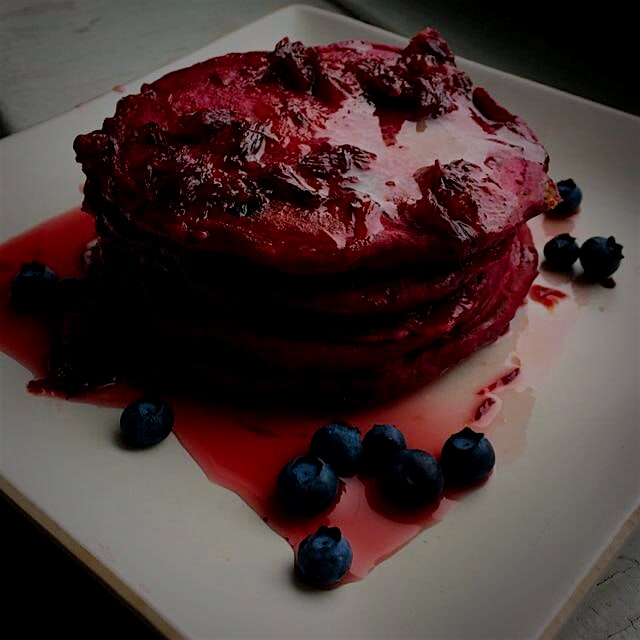 "Red Vevet" Pancakes with blueberries and blood orange syrup. 