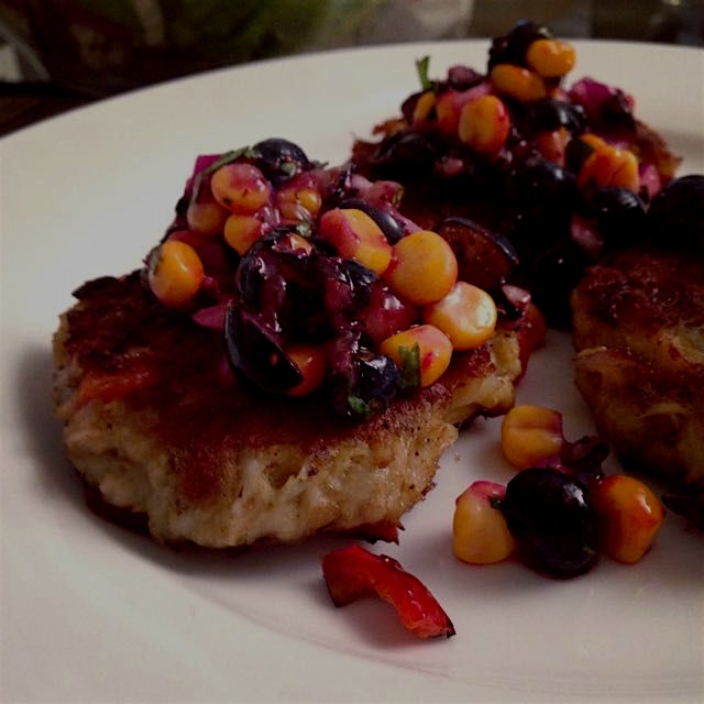 Crab cakes with blueberry-corn salsa --from Seriously Delish by #JessicaMerchant 