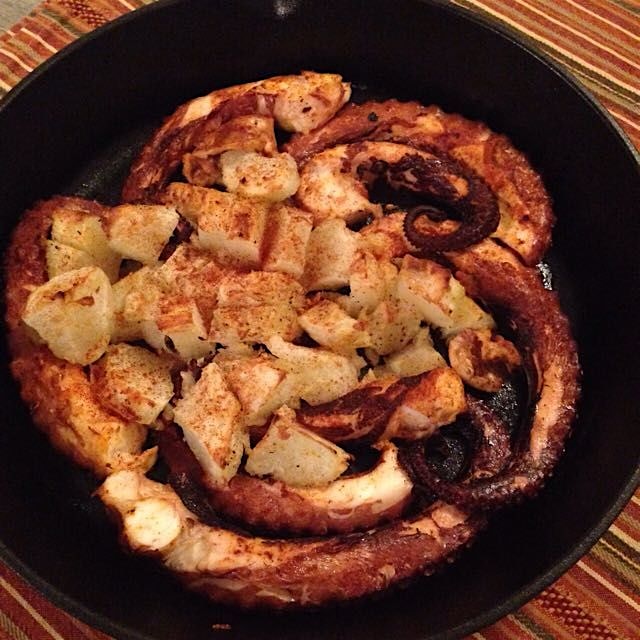 A light but tasty octopus/potatoes boiled and broiled with just a drizzle of extravirgin olive oil 