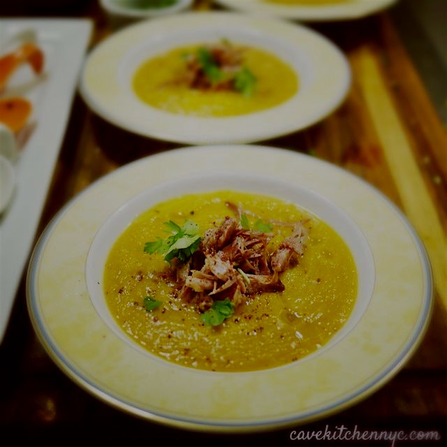Blizzard day squash and parsnip soup with Flying Pig Farm's smoked pork shank.
