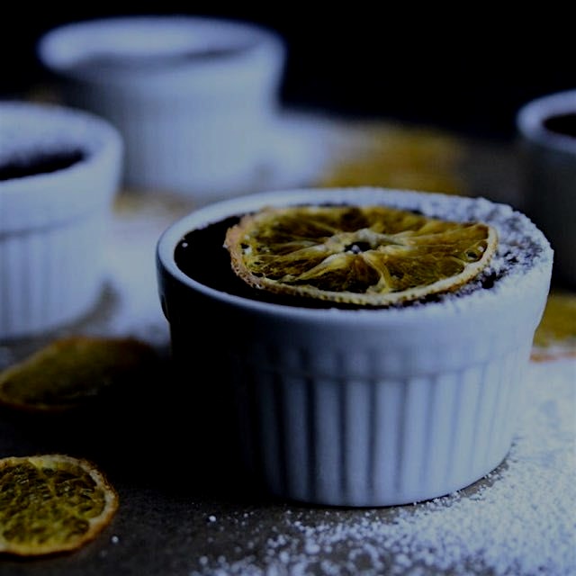 Orange Cacao Pots de Creme(Vegan) topped with Powdered Sugar + Dehydrated Clementine Slices:)